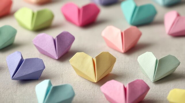 A repeating pastel background of neatly folded origami hearts placed on a soft neutral fabric Ultra-sharp focus captures
