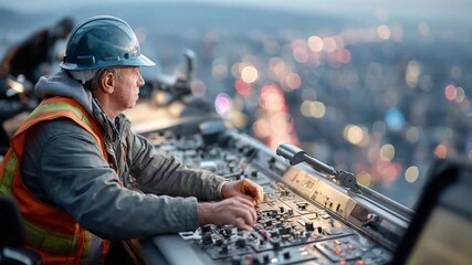 Visionary Architect: A focused architect, perched high above the city, meticulously oversees a complex project. His silhouette against the vibrant city lights highlights his dedication and expertise.