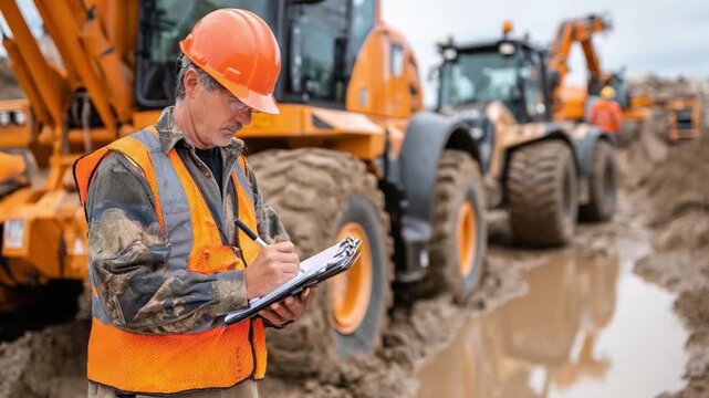 Construction Site Supervisor: A focused supervisor meticulously reviews construction progress on-site, a tableau of diligence, oversight and the industrious spirit of building.