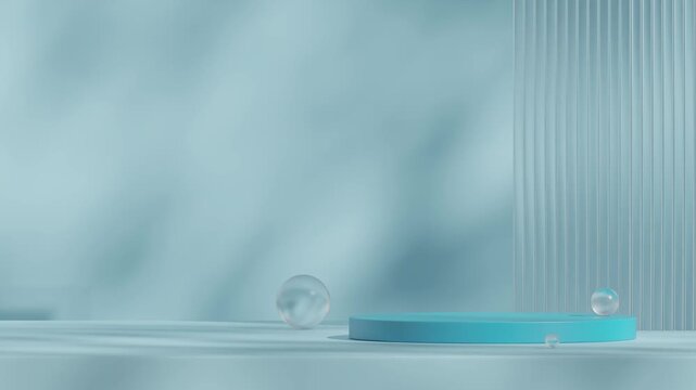 3d footage render scene template of blue round cylinder podium looping seamless shadow animation with glass wall and sphere