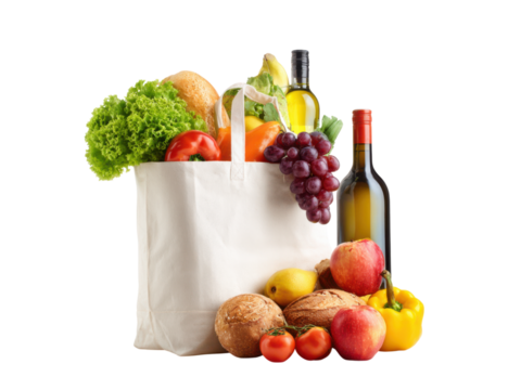 Fresh produce and wine in reusable bag groceries food, Isolated, Png Transparent Background