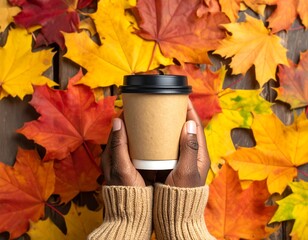 Dark hands holding a paper coffee cup against colorful fall foliage