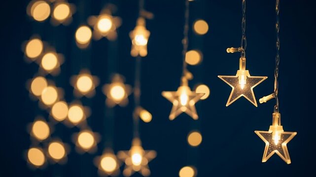 Festive star-shaped string lights twinkle against a deep blue backdrop, evoking a sense of wonder and celebration