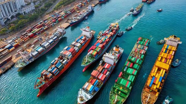Seaport Serenity: An eye-level, wide shot displays the serene harmony of a bustling seaport, where cargo ships sit, prepared for international travel.
