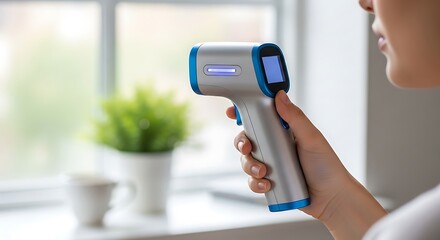 Hand holding infrared thermometer measuring temperature