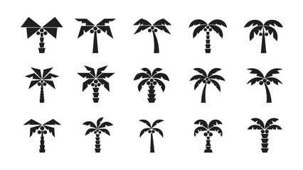Set of black palm tree silhouette icons for tropical summer and vacation design elements