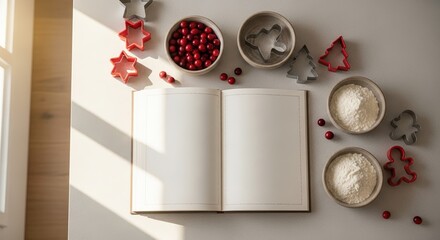 A flat lay of an open cookbook with Christmas cookie cutters, flour, and cranberries.