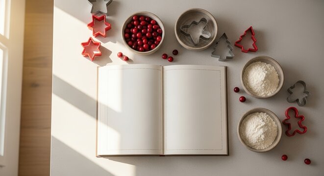 A flat lay of an open cookbook with Christmas cookie cutters, flour, and cranberries.