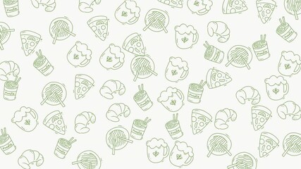 Pale green doodles of food and drink items perfect for menu designs, recipe cards, and foodrelated projects. Vibrant and charming illustrations.
