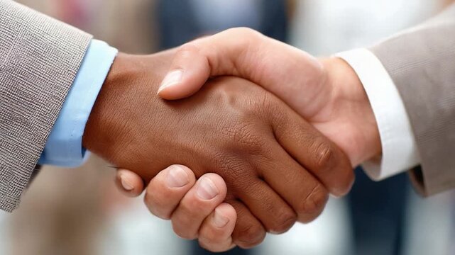 Handshake for New Deal: Close-up on a firm handshake, symbolizing a successful partnership, agreement, or the start of a new collaboration between two individuals. Focus on connection and synergy.