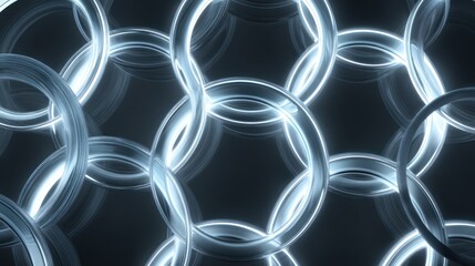 A seamless arrangement of glowing neon rings interlocked into geometric repetition ring ultra-detailed noise-free with subtle volumetric haze