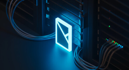 Illuminating the essence of technology with a high-tech data server, sleek design and advanced computing. The image draws the viewer into a futuristic digital world.