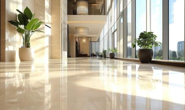 Contemporary hotel lobby with reflective marble floor