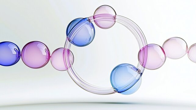 A visually striking abstract composition featuring interconnected transparent glass spheres and rings, colored in soft pink and blue hues.