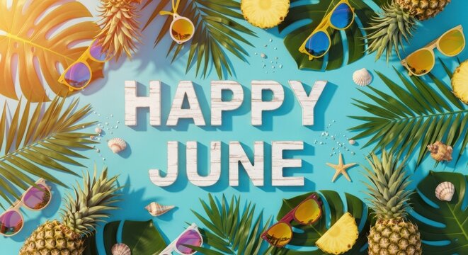 Happy june text surrounded by tropical elements and sunglasses