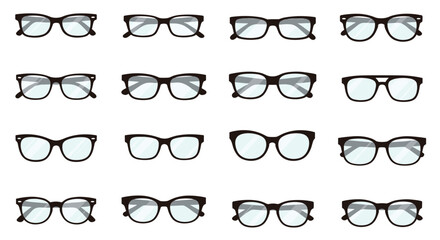 A diverse collection of black-framed eyeglasses in various modern and classic styles, ideal for fashion, vision, and accessory concepts.