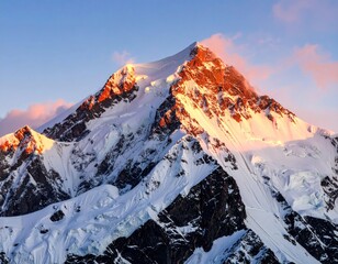 Snow-capped mountain peak with morning light on icy surfaces