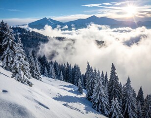 Fototapeta premium Snowy mountain landscape with trees, clouds and bright sunshine