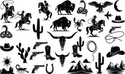 Cowboy western wild west icon set vector, desert landscape animals cactus skull, vintage rodeo American frontier, sheriff, adventure illustration.