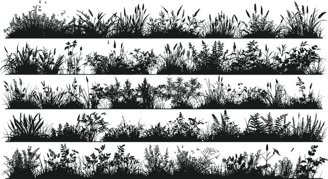 Bush plant garden shrub silhouette vector set, dense botanical foliage, landscape nature greenery element, botanical outdoor design black illustration.