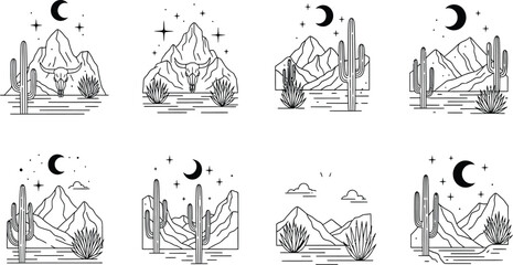 Desert landscape vector illustration, cactus, mountain, night sky, moon, stars, minimal art, southwestern nature, black and white, wilderness, western scenery, abstract, line .