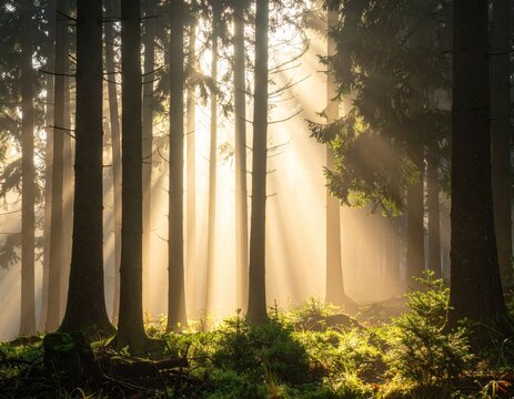 Sun rays stream through tall trees in a lush, green, misty forest scene