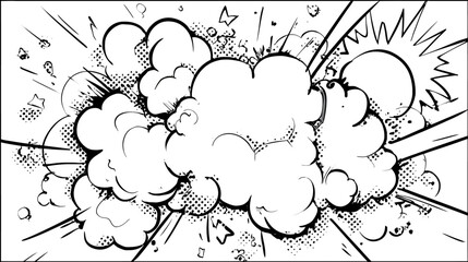 Comic book style explosion burst with smoke and dust clouds, black and white pop art impact design element, dynamic action background