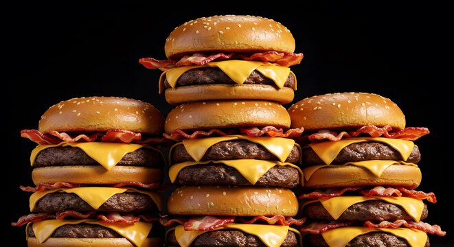 Delicious stacked cheeseburgers with crispy bacon and sesame seed buns against a black backdrop