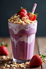 A fresh strawberry smoothie layered with creamy yogurt and topped with crunchy granola, a nutritious and delicious beverage for boosting energy and promoting wellness