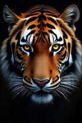 Intense closeup portrait of a majestic tiger with piercing yellow eyes on a dark background.