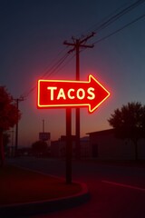 Neon Tacos Sign Directing Customers to Delicious Food.