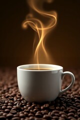 Steaming Cup of Coffee Surrounded by Roasted Beans.