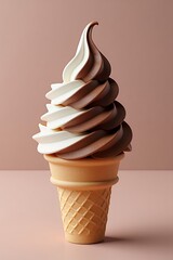 A delightful swirl of vanilla and chocolate soft serve ice cream in a waffle cone, presented against a plain pastel background
