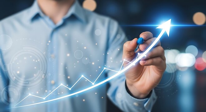 Man draws upward arrow graph hand drawing