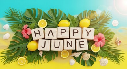 Happy june text with lemons, tropical leaves, and seashells on beach