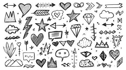 Diverse hand-drawn doodle set with hearts, arrows, stars, speech bubbles, clouds, and crowns. Sketchy design elements collection.