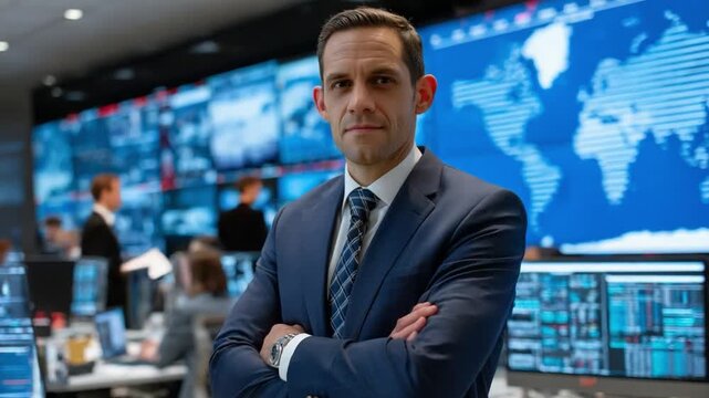 Confident Executive in a Command Center: A composed executive, his arms crossed with assurance, stands at the heart of a high-tech command center, demonstrating focused leadership.