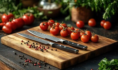 Culinary Composition of Cherry Tomatoes, Knives, and Pepper on Wood Cutting Board