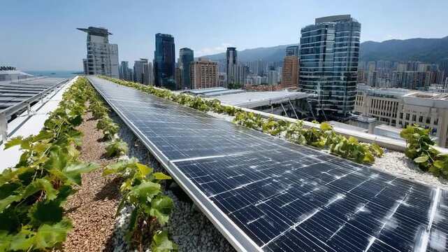 Solar Panels on Urban Rooftop: A modern rooftop integrates solar panels and greenery, creating a sustainable energy source and enhancing the cityscape.
