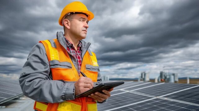 Solar Panel Inspection: A focused inspector, clad in safety attire, diligently assesses a solar panel installation against the backdrop of an overcast sky.