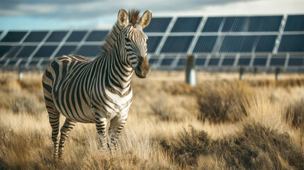 A zebra stands on dry grass against a backdrop of solar panels, a concept of coexistence between wildlife and renewable energy