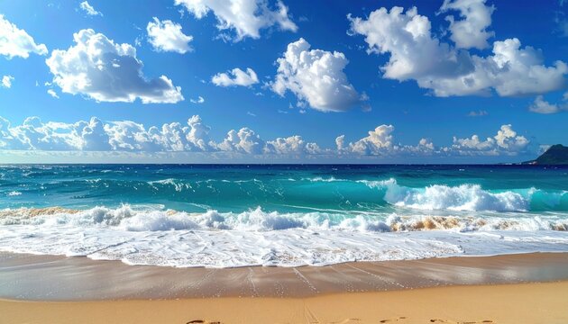 Turquoise ocean waves crash on a sandy beach under a blue sky with fluffy clouds