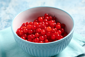 Bowl with fresh viburnum berries on light blue background, closeup
