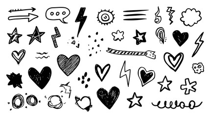 Collection of hand-drawn doodle vector sketch elements including hearts, stars, arrows, speech bubbles, and lightning bolts.