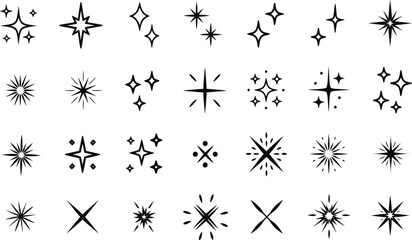 Sparkle star burst magical highlight hand drawn icon set vector, shining twinkle glowing magic flash element, decor doodle sketch collection.