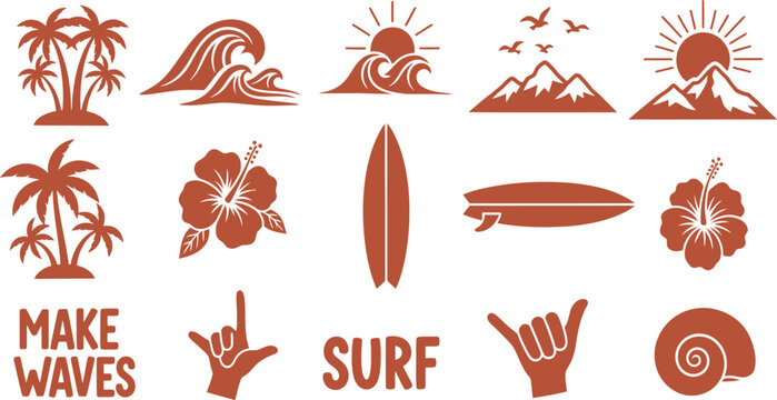 Tropical Hawaii summer surf icon set vector, hand drawn beach design, palm ocean waveboard hibiscus flower sun, paradise vacation.