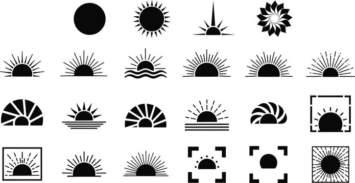 Sunrise sunset sun icon set vector, horizon morning evening symbol, line art outline minimal bold graphic, solar weather element pack.