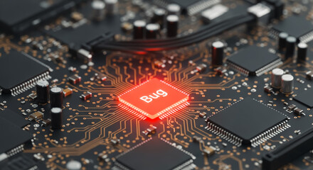 Close-up of a high-tech circuit board featuring a glowing, illuminated central component that reads Bug, highlighting a critical issue within the system's core.