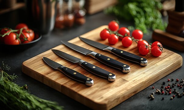 Sharp knives and fresh ingredients on a wooden cutting board for cooking - Powered by Adobe