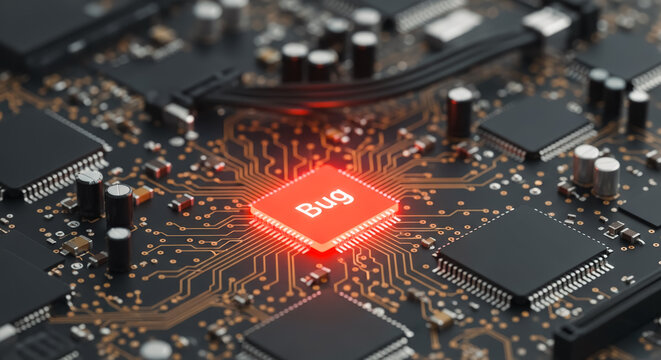Close-up of a high-tech circuit board featuring a glowing, illuminated central component that reads Bug, highlighting a critical issue within the system's core. - Powered by Adobe